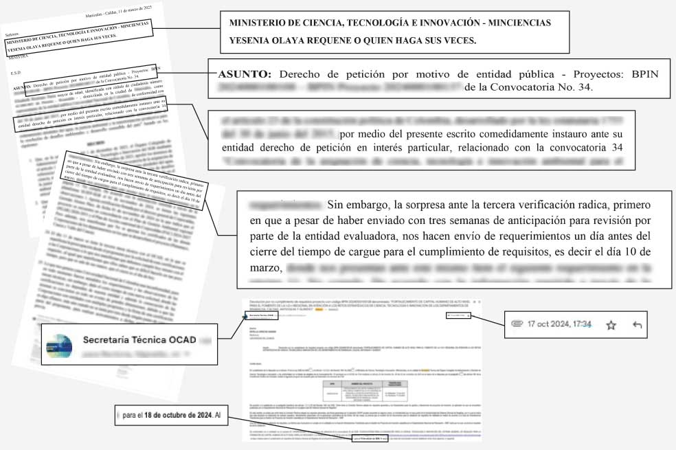 Derecho de petición enviado a Minciencias sobre la convocatoria 34; correo electrónico que envió el OCAD a una IES sobre convocatoria 35.