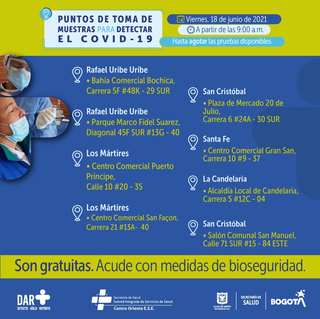 Pruebas COVID-19 en Bogotá: estos son los puntos para este viernes 18 de junio