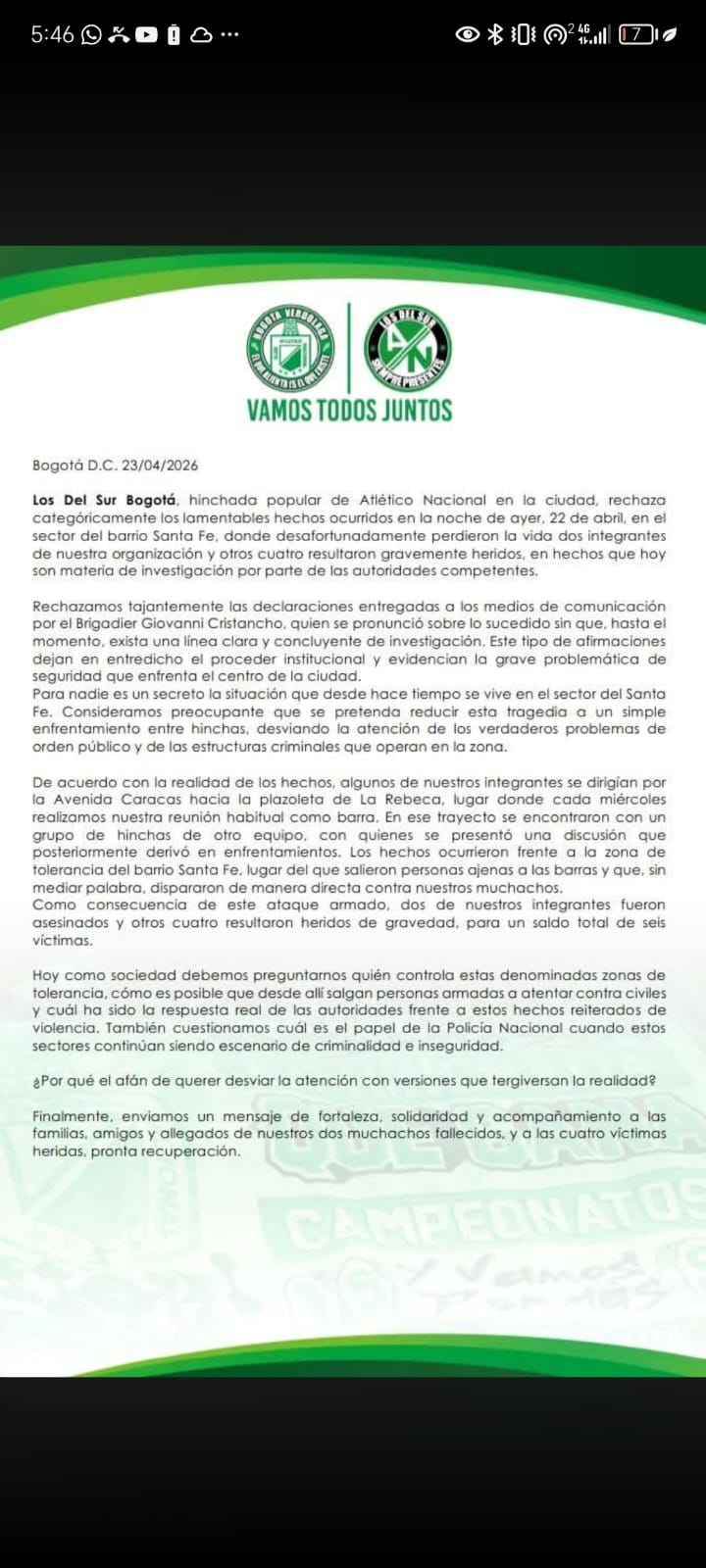 Comunicado Los Del Sur Bogotá