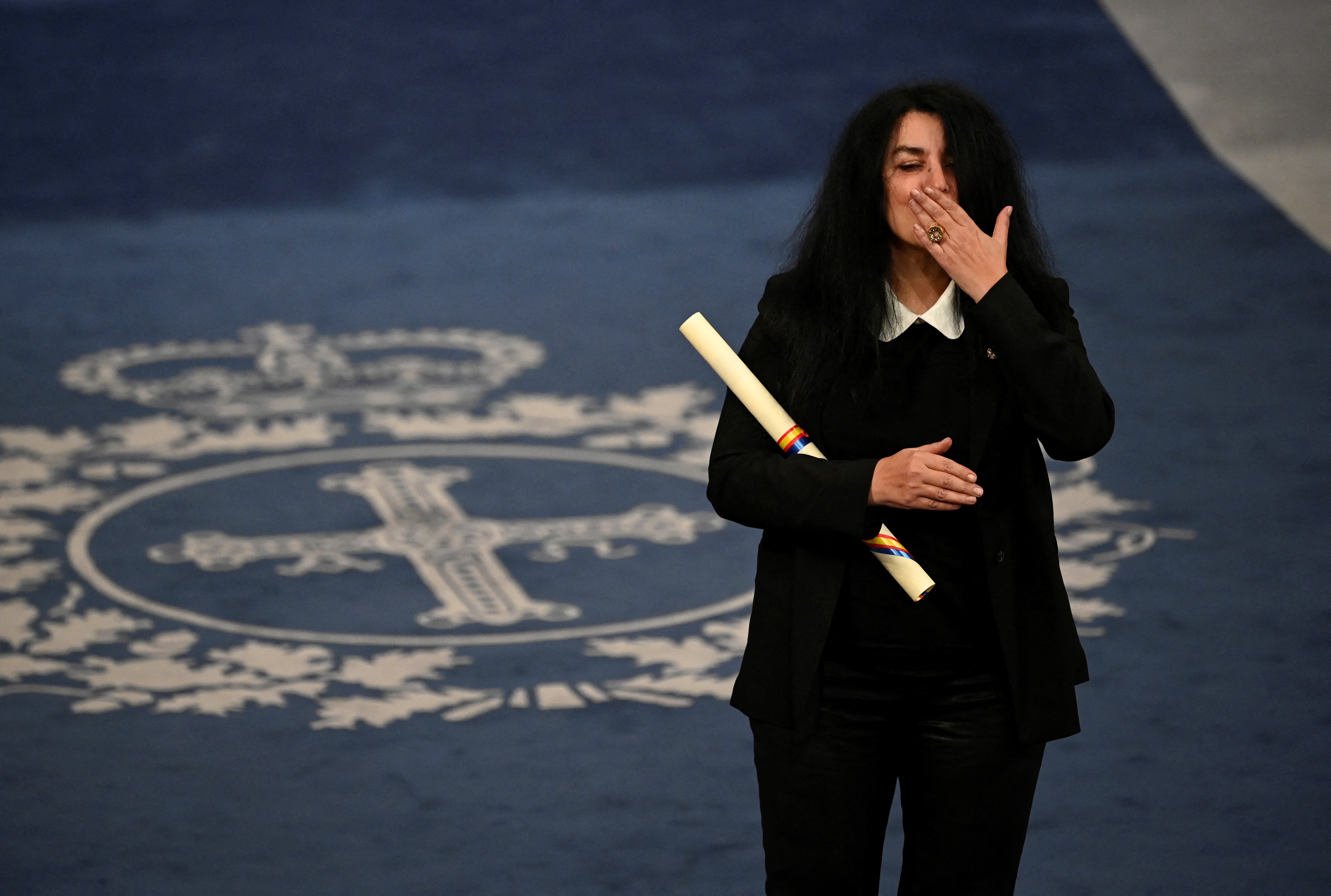 2024 Princess of Asturias Award for Communication and Humanities, French-Iranian graphic novelist and illustrator Marjane Satrapi poses on stage during the 2024 Princess of Asturias award ceremony at the Campoamor theatre in Oviedo on October 25, 2024.
