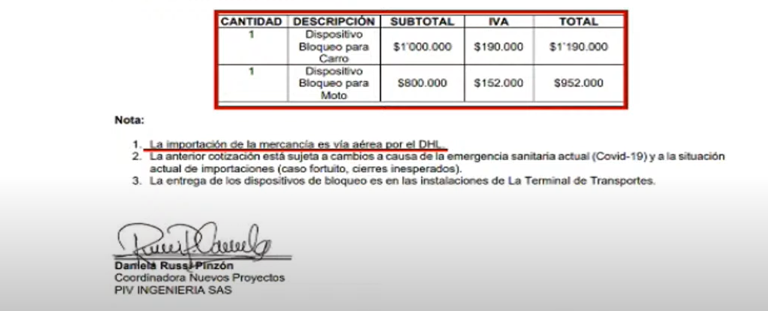 Fragmento de los documentos de la adquisición de cepos por parte del Terminal de Transportes de Bogotá.