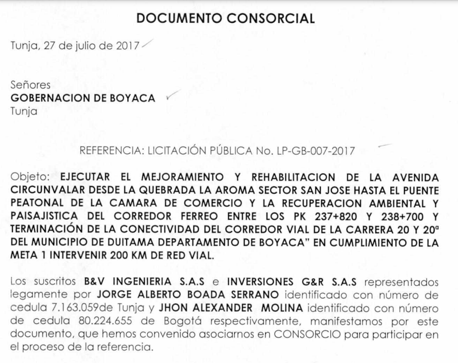 Documento consorcial del Consorcio Vial Tundama.