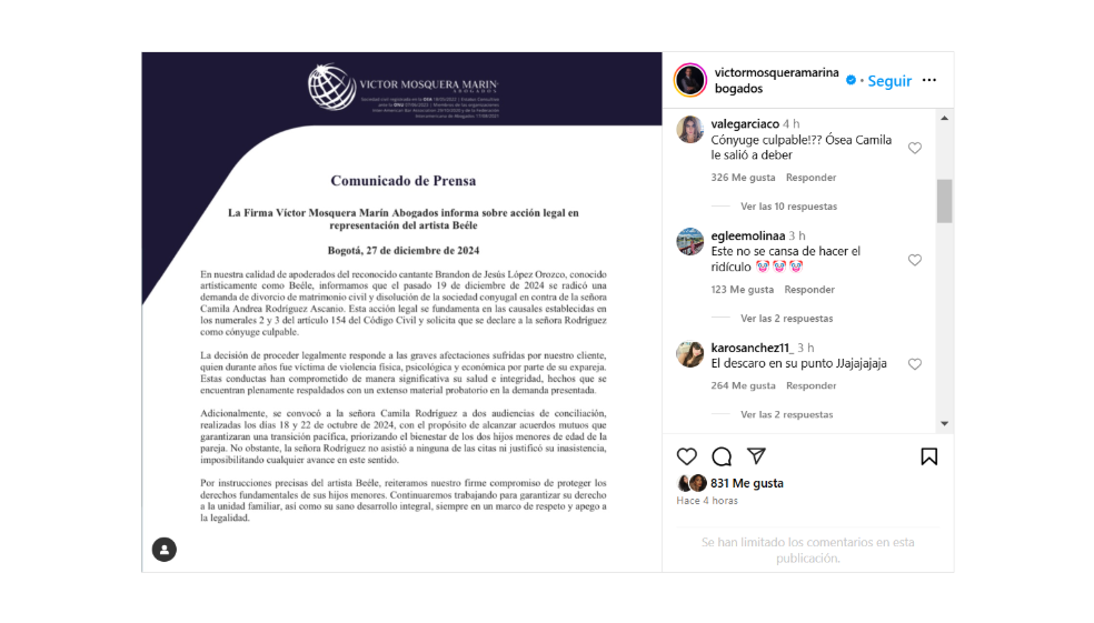 Beéle radicó demanda de divorcio contra Cara. La acusó de violentarlo por años