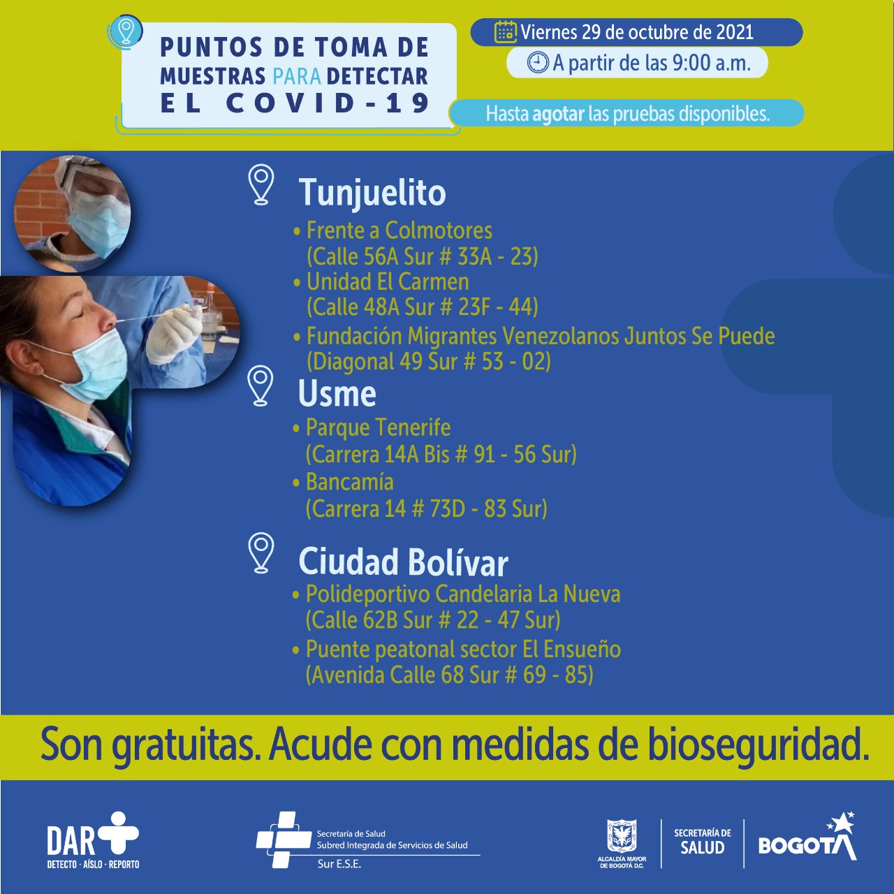 ¿Dónde hay pruebas gratuitas contra Covid-19 este viernes en Bogotá?