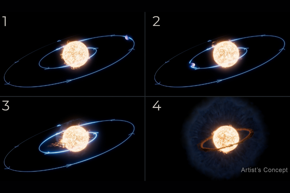 Las observaciones del telescopio espacial James Webb de la NASA de lo que se cree que es el primer fenómeno de engullimiento planetario registrado revelaron un disco de acreción caliente alrededor de la estrella, con una nube en expansión de polvo más frío envolviendo la escena. El Webb también reveló que la estrella no se hinchó hasta tragarse el planeta, sino que la órbita de éste decayó lentamente con el tiempo.