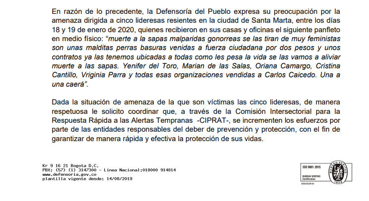 Oficio de la Defensoría del Pueblo enviado al Ministerio del Interior en enero de 2020.
