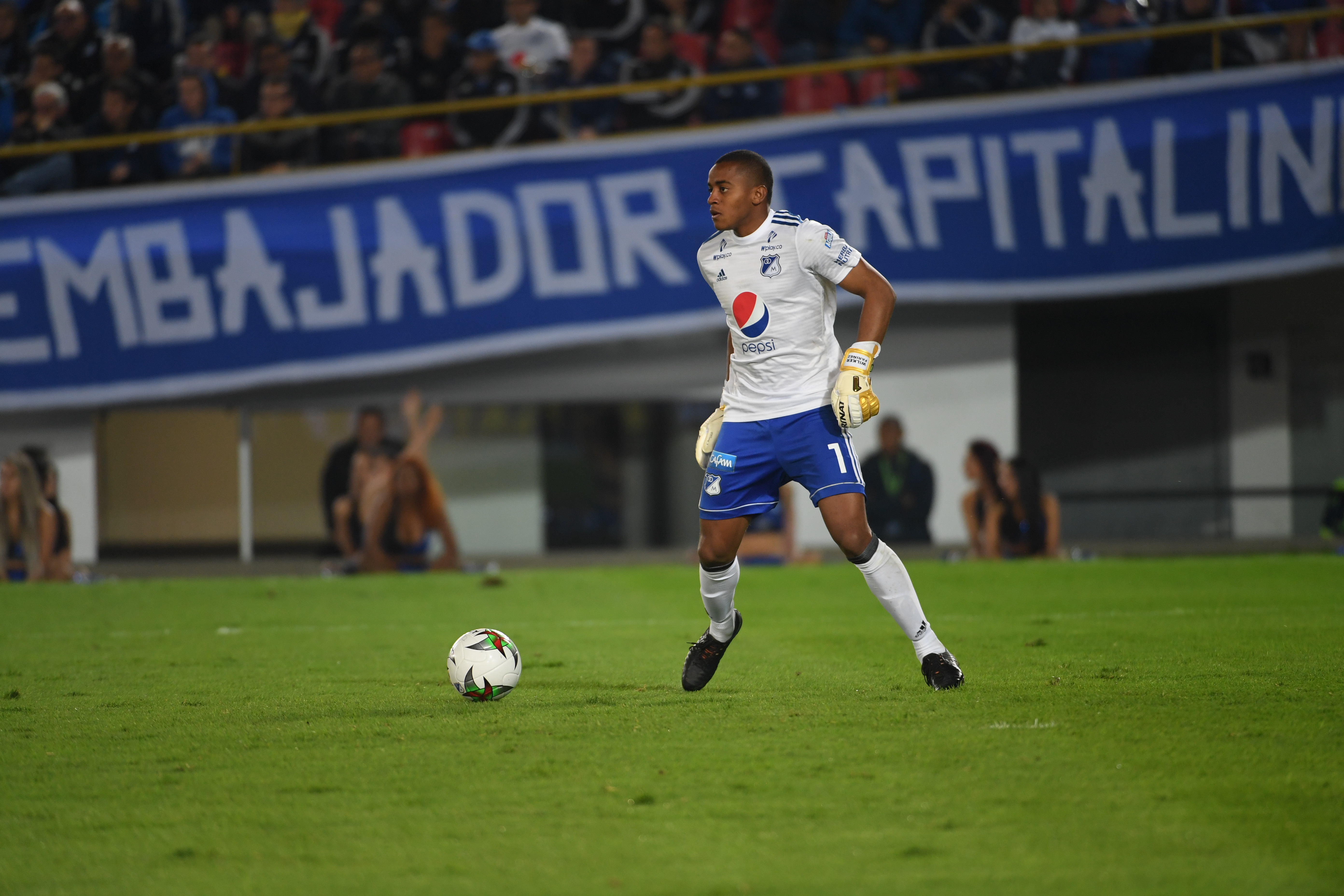 Futbolista venezolano que juega como arquero de Millonarios, en el partido ante el Cúcuta por la Liga Águila I 2019.