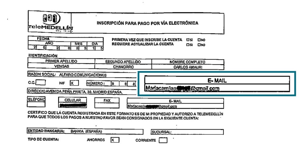 Facsímil de la inscripción de pago del contrato suscrito con Amauri Chamorro, en la que aparece María Camila Arias.