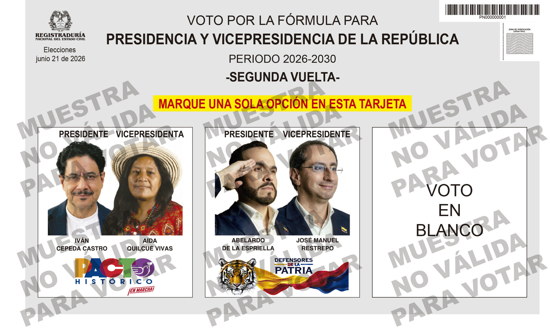 AME8854. BOGOTÁ (COLOMBIA), 05/06/2026.- Imagen cedida por la Registraduría Nacional del Estado Civil de Colombia que muestra el tarjertón electoral que se usará para la segunda vuelta de las elecciones presidenciales en Colombia. Los candidatos que disputarán en segunda vuelta la Presidencia de Colombia el próximo 21 de junio aparecerán en el tarjetón electoral en la misma posición que tuvieron en la primera ronda, en la que aparecían 13 inscritos. EFE/ Registraduría Nacional Del Estado Civil /SOLO USO EDITORIAL/ NO VENTAS/ SOLO DISPONIBLE PARA ILUSTRAR LA NOTICIA QUE ACOMPAÑA (CRÉDITO OBLIGATORIO)