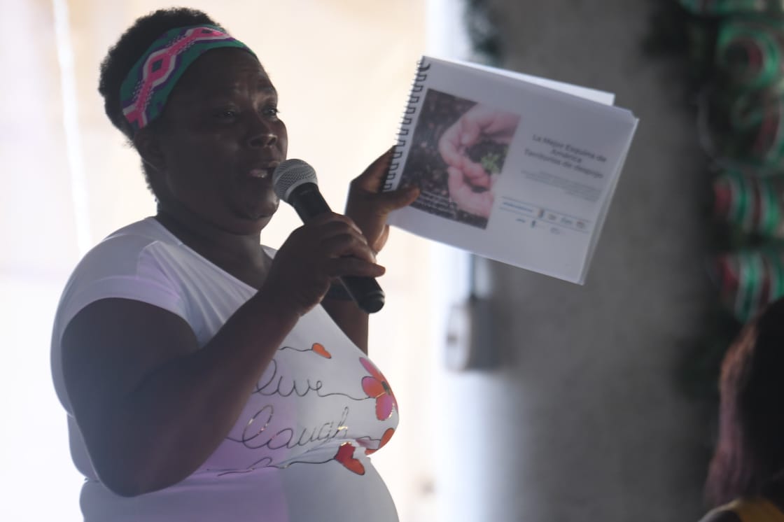 Pie de foto: Rosalba Córdoba, de la comunidad de Cacarica, explica la importancia de los informes para entender lo que han padecido.