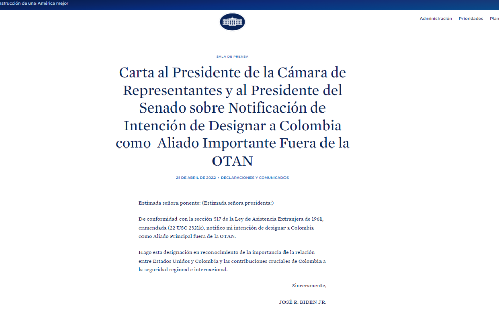 Captura de pantalla de la carta que Joe Biden envío al Congreso para designar a Colombia como aliado militar no miembro de la OTAN.