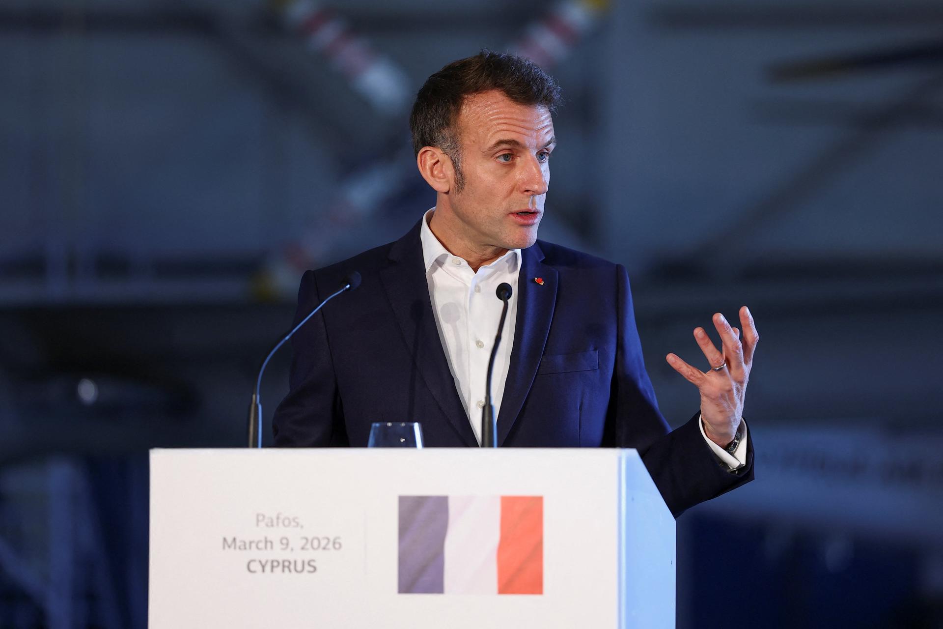 Paphos (Cyprus), 09/03/2026.- French President Emmanuel Macron speaks during a joint press conference with Cyprus' president and Greece's prime minister at Paphos military airport, in Paphos, Cyprus, 09 March 2026, on the day of Macron's visit to show France's solidarity after recent drone attacks amid the U.S.-Israeli conflict with Iran, and aimed at reinforcing European security in the Eastern Mediterranean. (Chipre, Francia, Grecia) EFE/EPA/Gonzalo Fuentes / POOL MAXPPP OUT