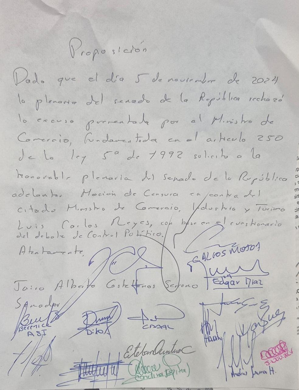 Proposición de citación al ministro de Comercio a moción de censura