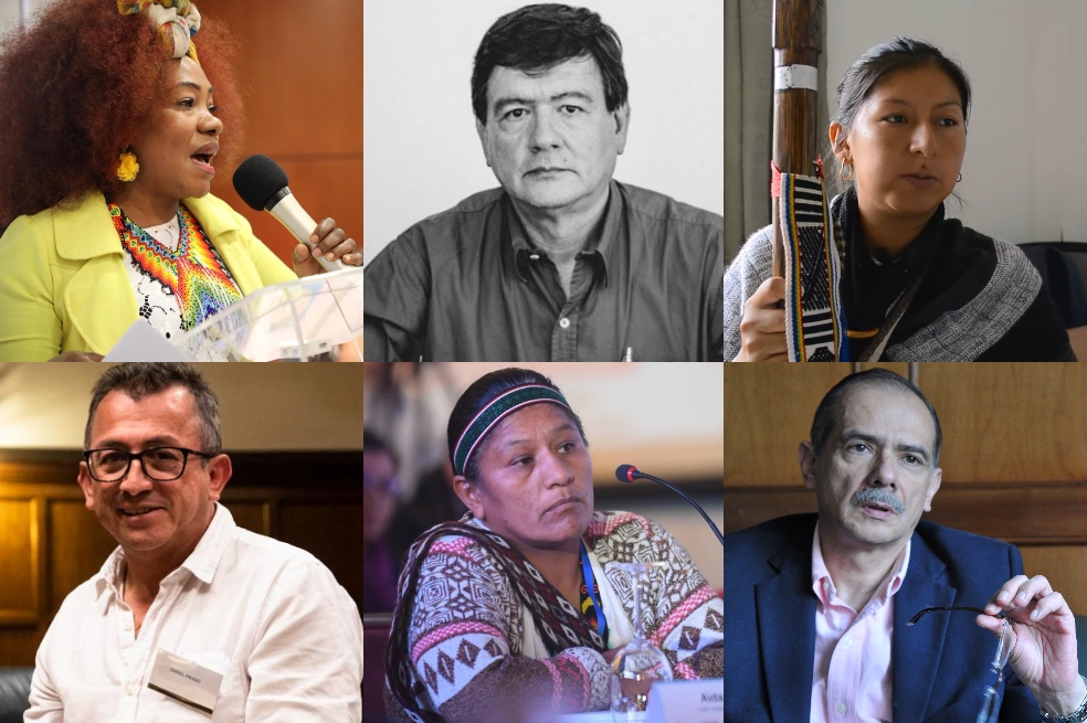 Arriba, los finalistas en la categoría defensor(a) del año: Luz Marina Becerra, del proceso afro La Comadre; el periodista José Alberto Tejada, del canal 2 de Cali; y Nora Elena Taquinás, lideresa del resguardo de Tacueyó. Abajo, los finalistas al reconocimiento de toda una vida: el abogado Daniel Ernesto Prado; la lideresa indígena Aida Quilcué; y el periodista de investigación Gonzalo Guillén.
