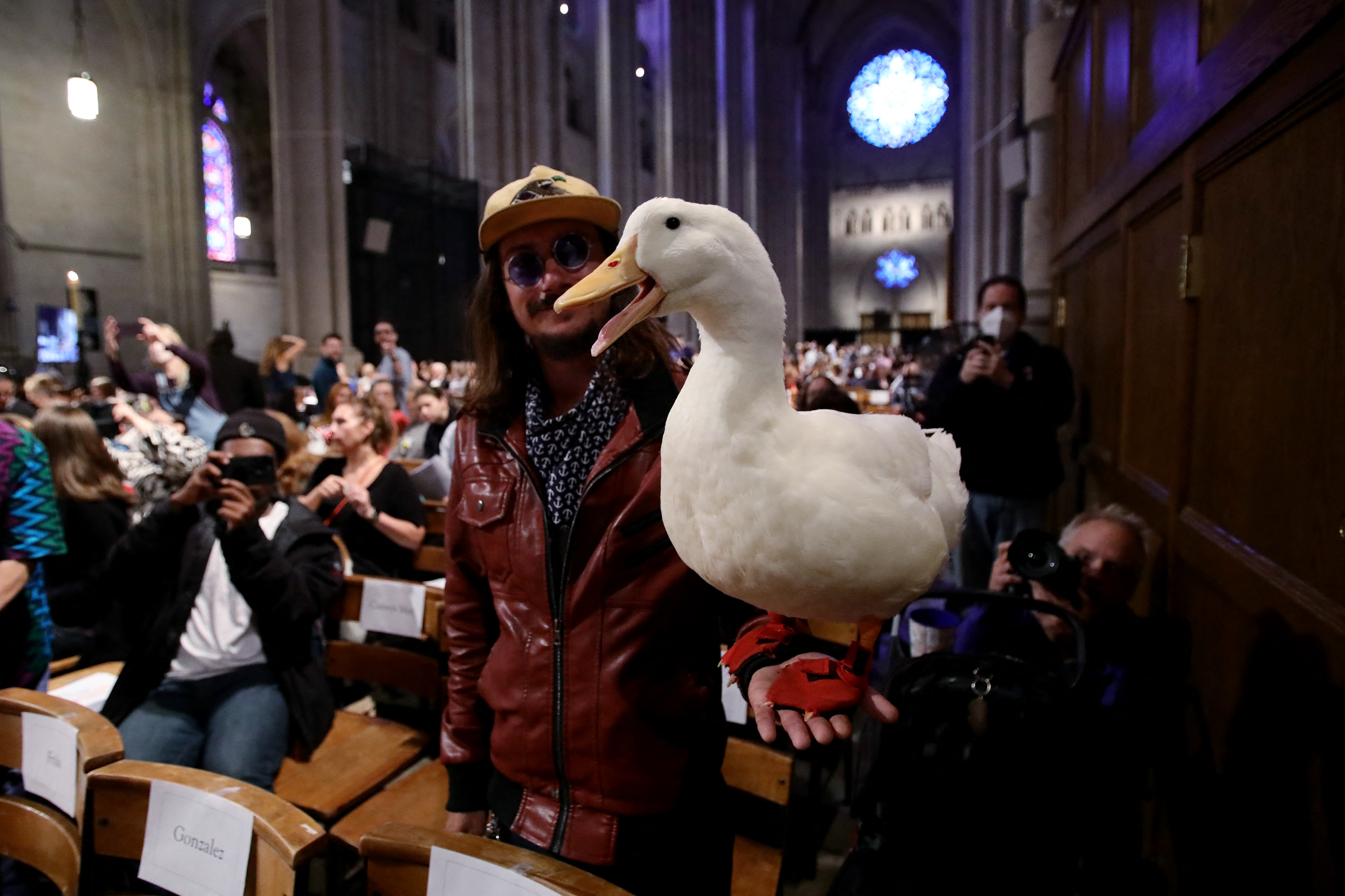Una persona sosteniendo a su mascota para la bendición.