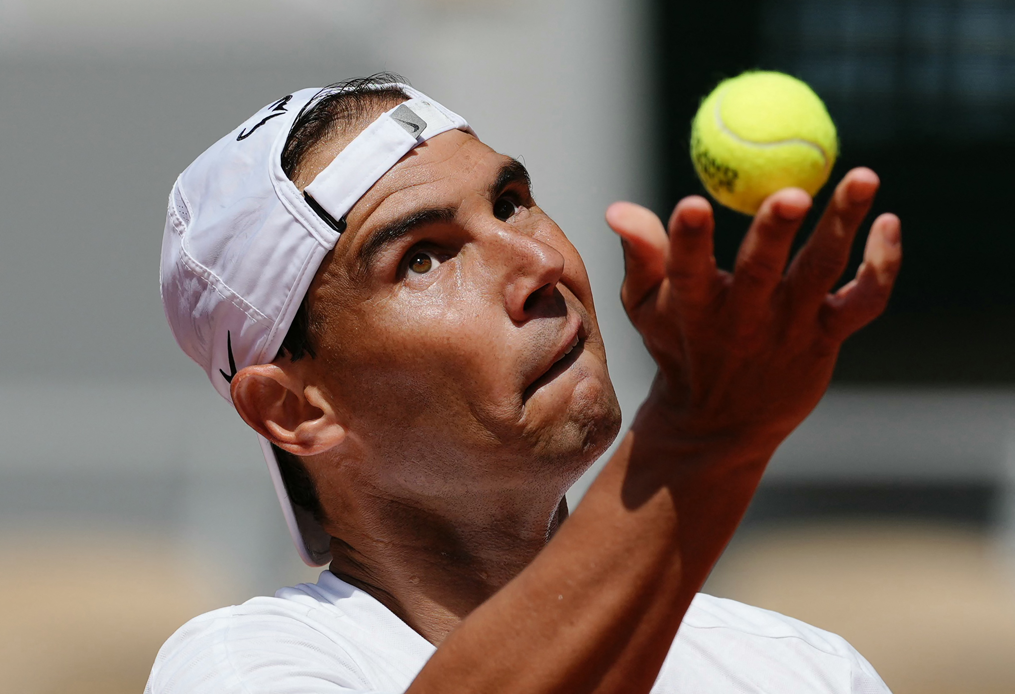 TOPSHOT - Spain's Rafael Nadal takes part in a practice session ahead of The French Open tennis tournament on Court Philippe-Chatrier at The Roland Garros Complex in Paris on May 21, 2024.