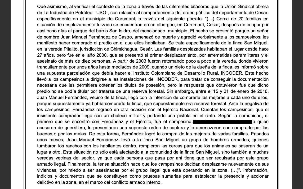 Facsímil de la resolución de la Unidad de Víctimas que narra los hechos del desplazamiento.