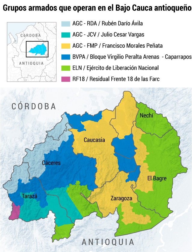 Grupos armados que operan en el Bajo Cauca antioqueño.