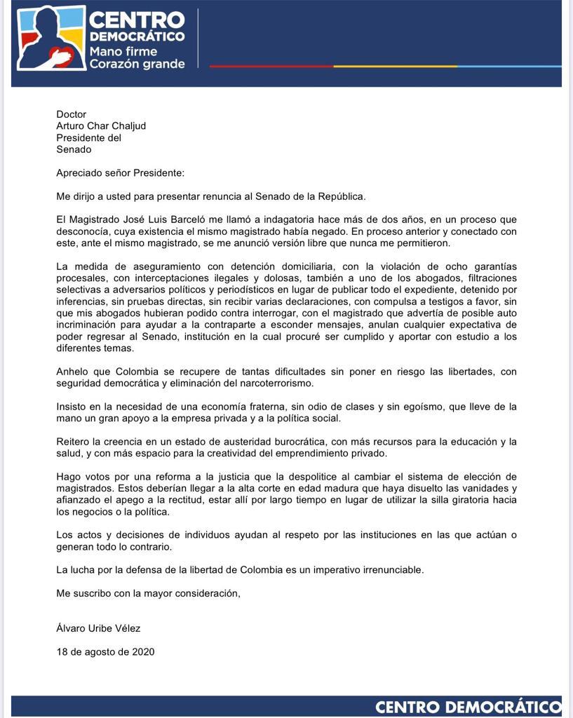 Carta renuncia Álvaro Uribe