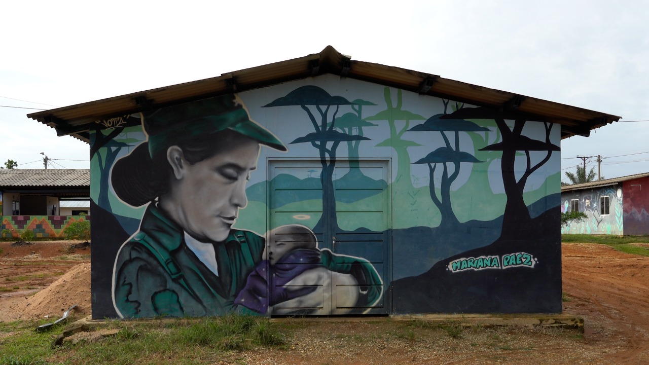 En el ETCR de Aguabonita, cada año, artistas locales llegan para pintar murales sobre las fachadas de todas las casas y negocios, de acuerdo a las preferencias de los excombatientes. Varias de las mujeres pidieron este mural, para representarse como mujeres y exguerrilleras.