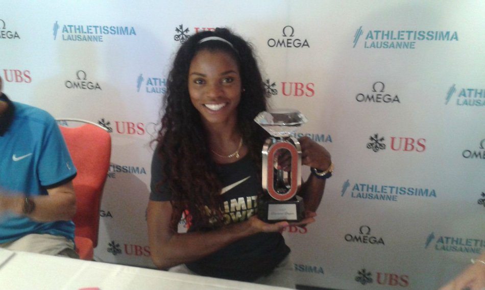 Caterine Ibargüen durante la rueda de prensa en Lausana, Suiza. Foto: Liga Diamante.
