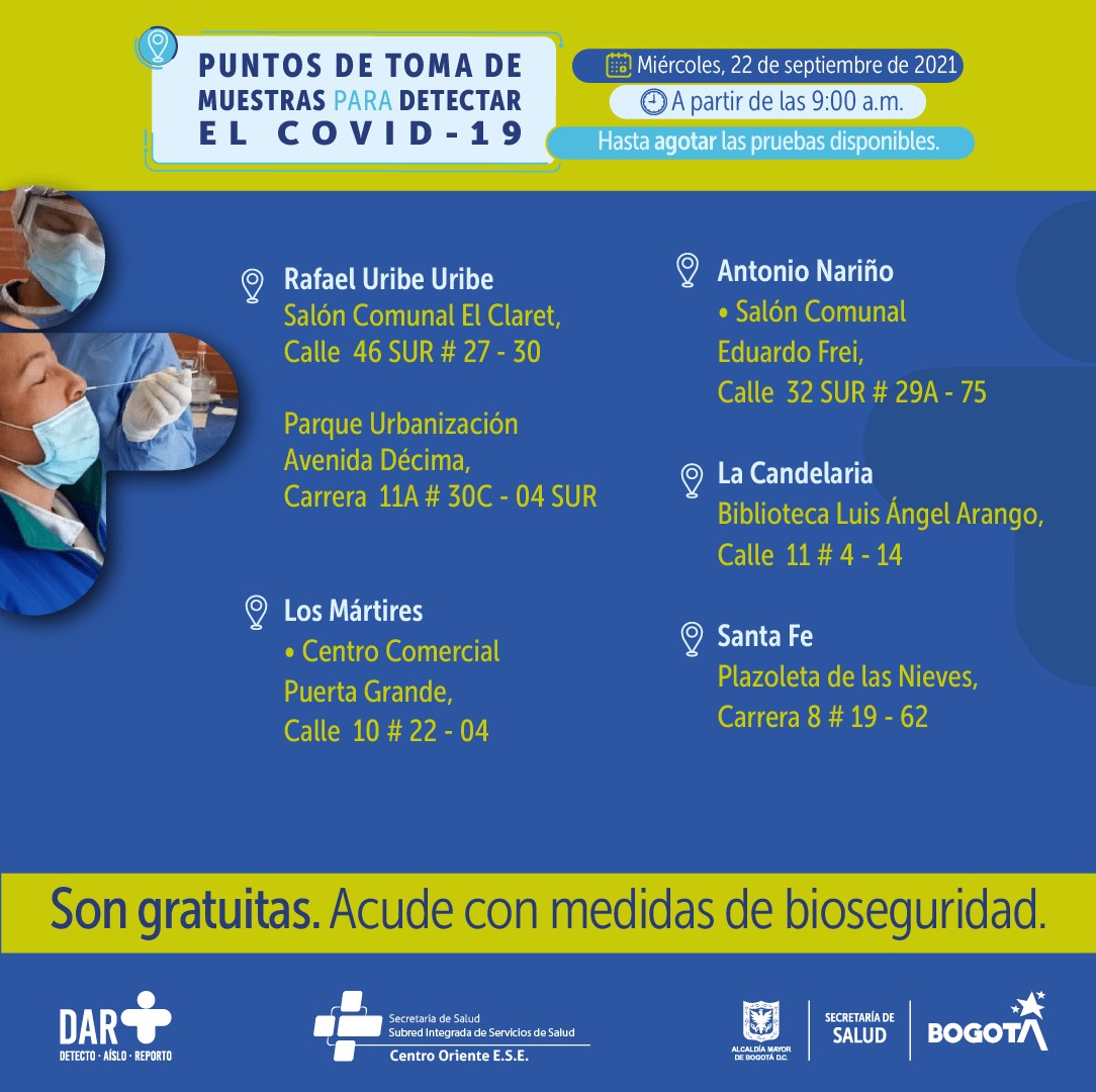¿Dónde hay pruebas gratuitas para Covid-19 este miércoles en Bogotá?
