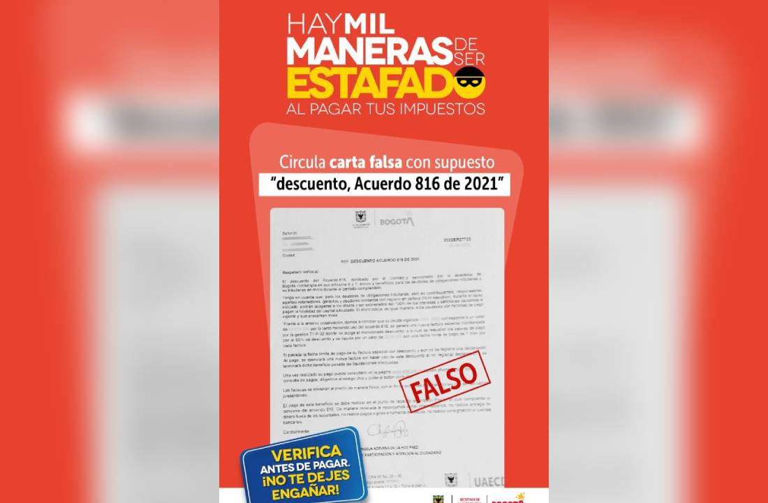 Están engañando con falso descuento para el pago de impuestos en Bogotá