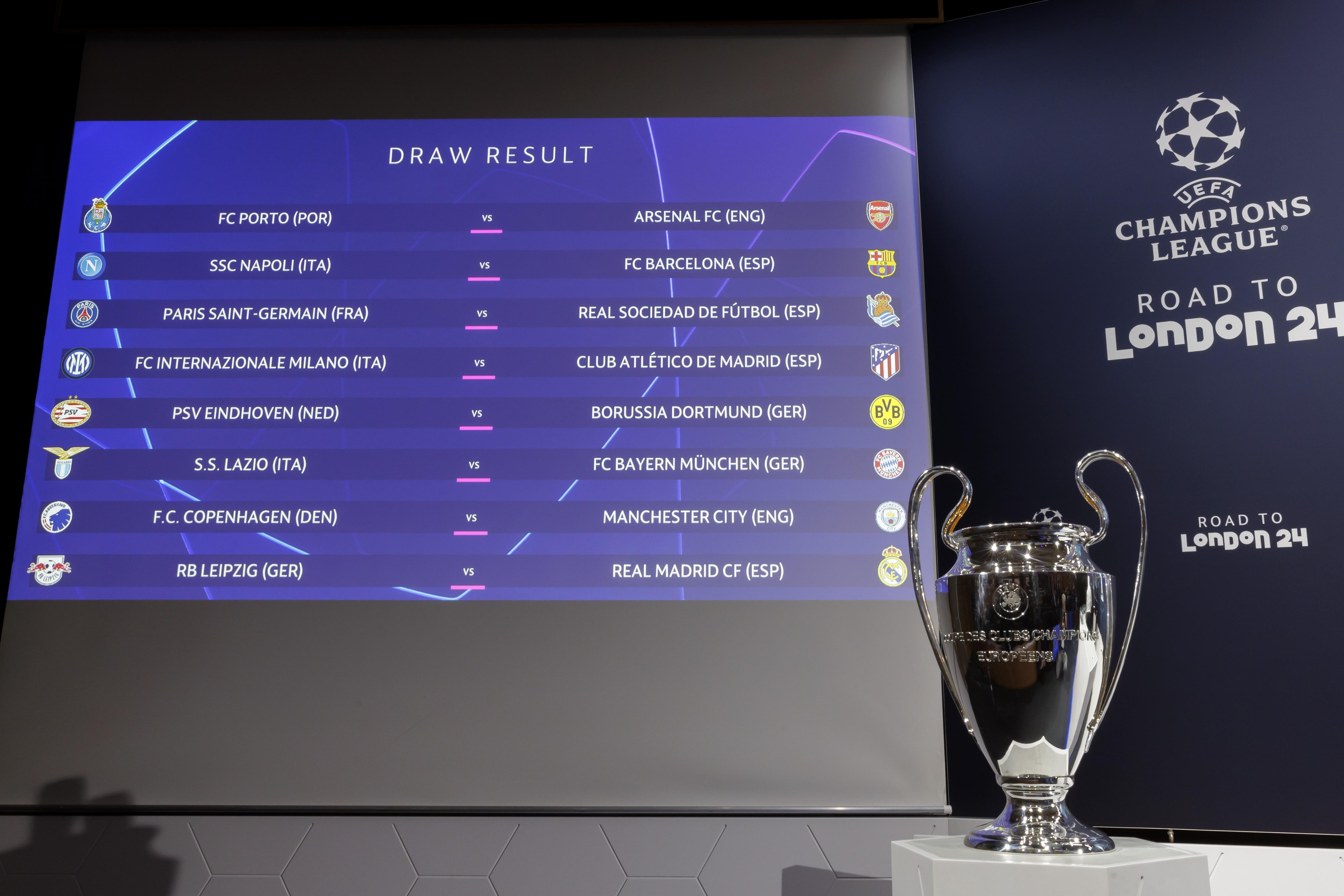 Nyon (Switzerland Schweiz Suisse), 18/12/2023.- The draw results are shown on an electronic panel next to the UEFA Champions League trophy, after the draw ceremony for the UEFA Champions League Round of 16 fixtures in Nyon, Switzerland, 18 December 2023. (Liga de Campeones, Suiza) EFE/EPA/SALVATORE DI NOLFI
