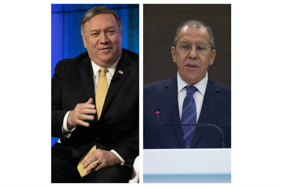 Mike Pompeo, de EE. UU. y Serguéi Lavrov, de Rusia.  / AFP