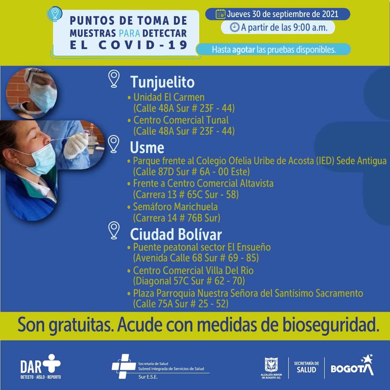 Estos son los puntos para toma de pruebas COVID-19 este jueves en Bogotá.