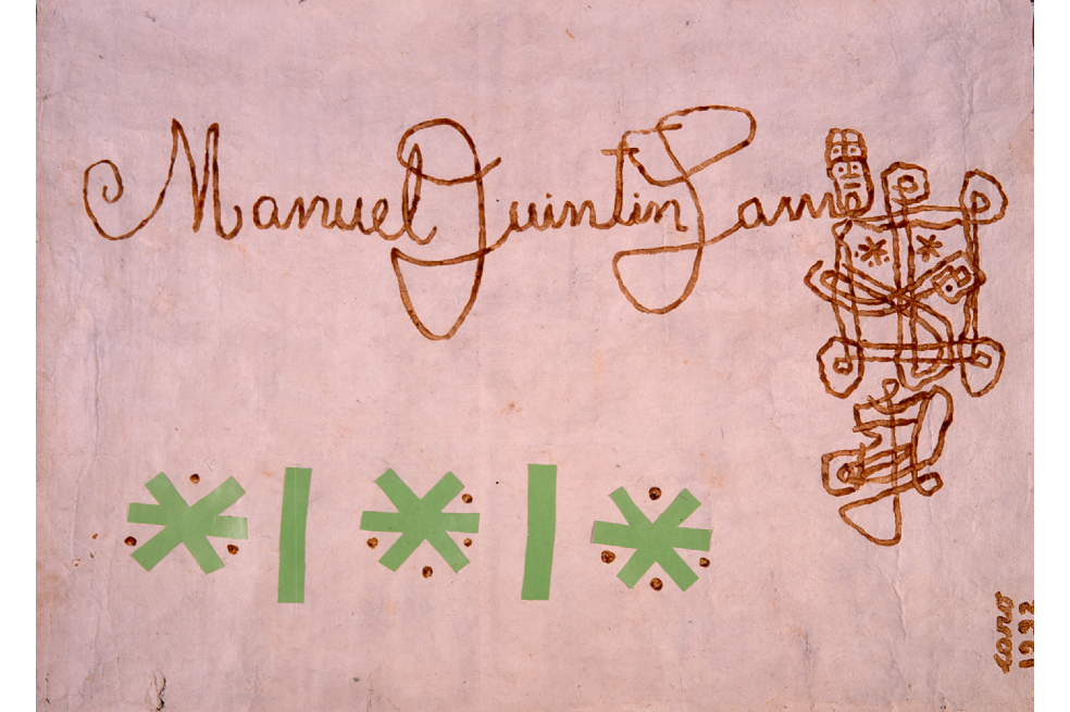 La obra "Homenaje a Manuel Quintín Lame" es una una copia de la firma del líder indígena en achiote. La pieza representa la escritura occidental y la grafía indígena.