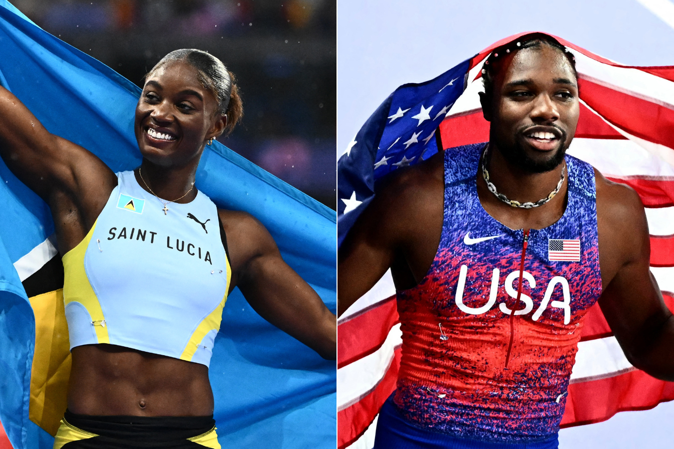 Los velocistas Julien Alfred (izq.) y Noah Lyles se colgaron la medalla de oro en los 100 metros planos de los Juegos Olímpicos de París 2024.