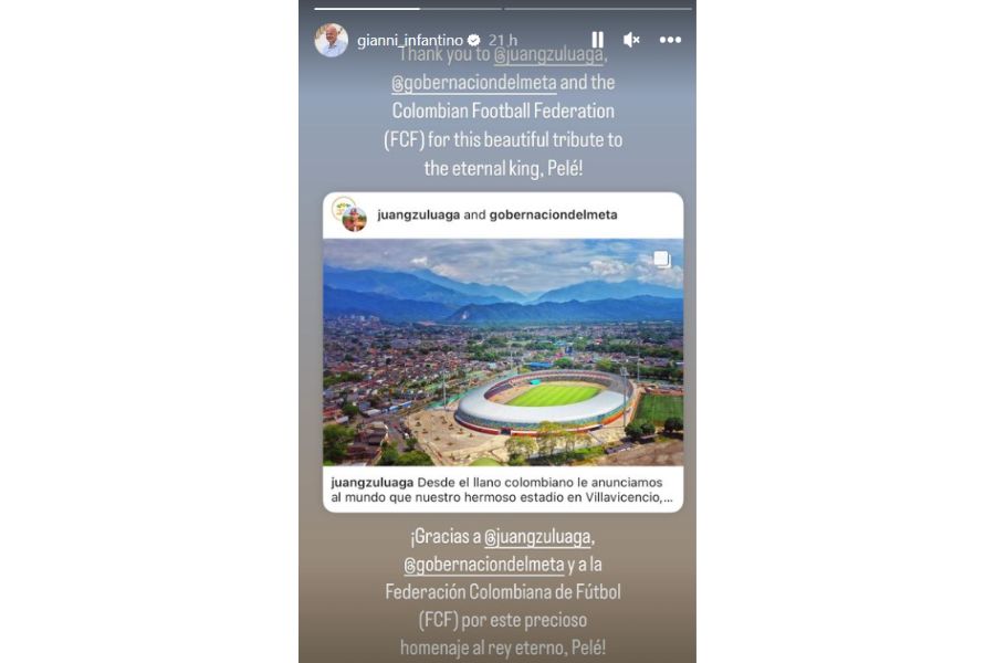 Declaraciones del presidente de la FIFA, Gianni Infantino, sobre la decisión del Meta de poner el nombre de Pelé en uno de sus estadios.