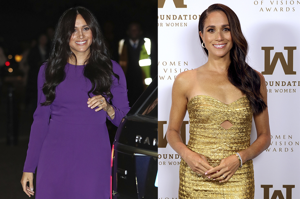 Meghan Markle deslumbró con su vestido dorado en Nueva York. Su 'look' recordó el estilo de Hollywood.