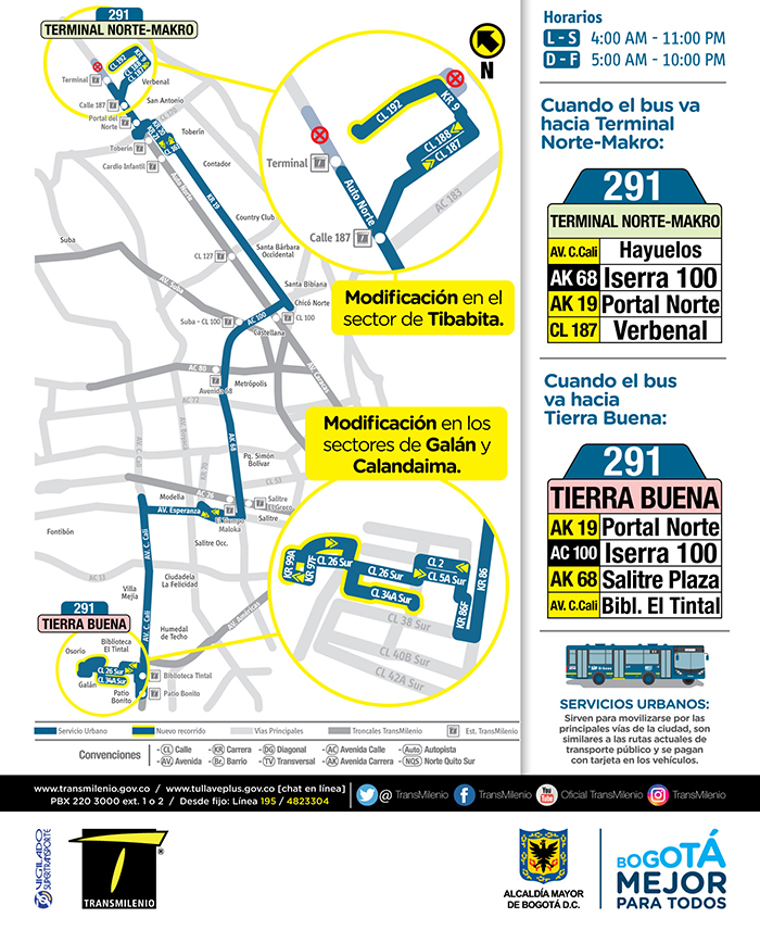 201B: Este servicio con recorrido entreBachué y Gran Estación tendrá unamodificación en sus horarios de operación, por esta razón, empezará ruta a partir de las3:30 am. hasta las 10:30 pm. de lunes a sábado, y de 5:00 am. a 10:00 pm. los domingos y festivos.