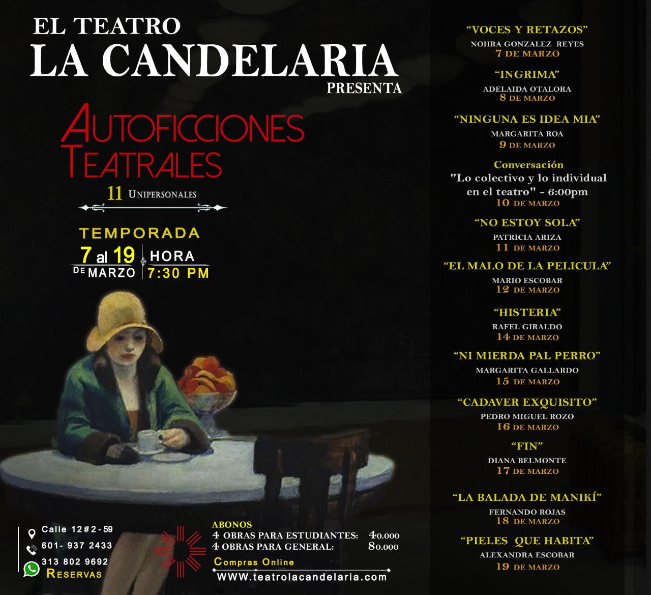 Programación del Festival de Autoficciones teatrales en el Teatro La Candelaria.
