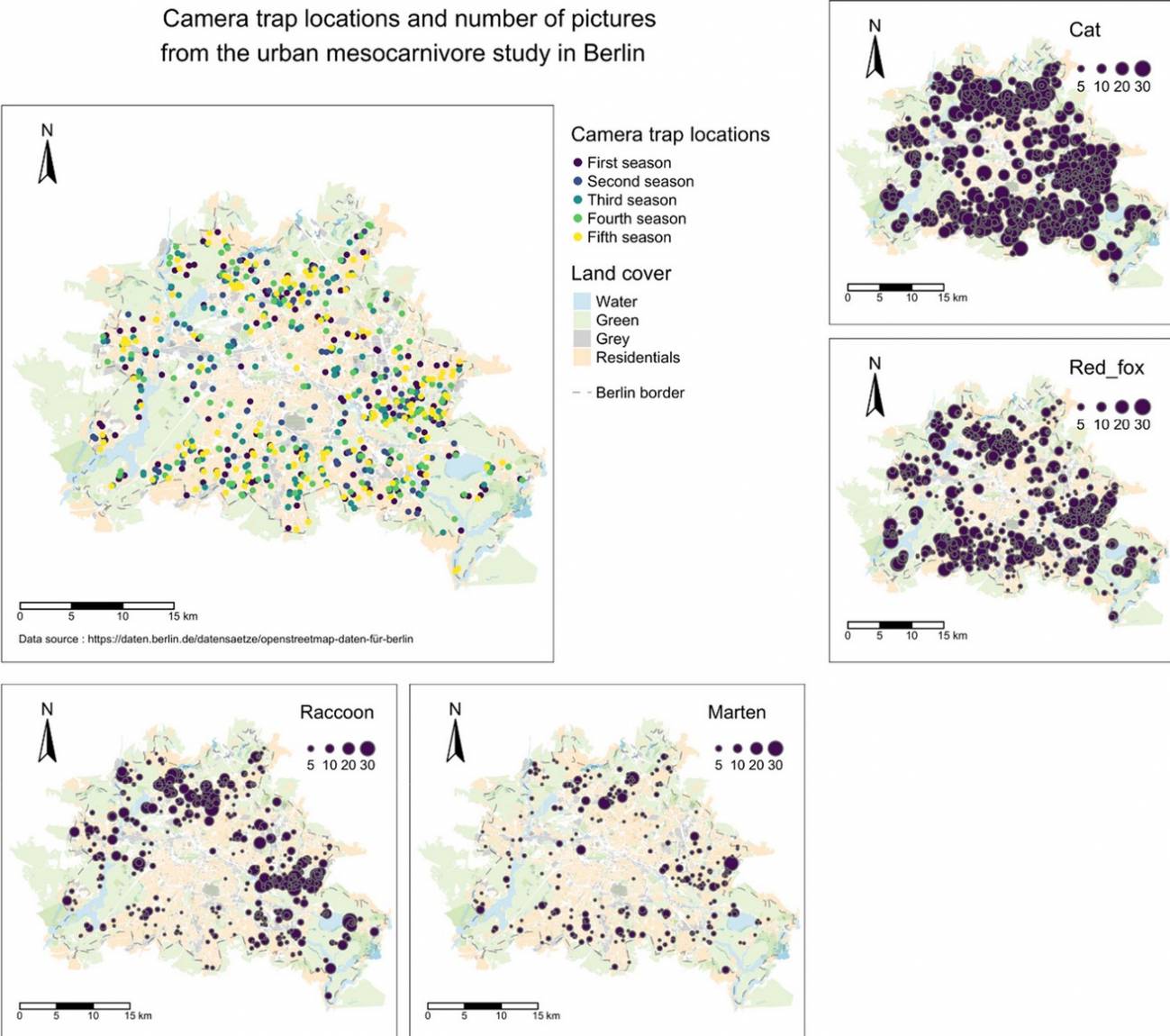 Localización de las cámaras-trampa en la ciudad, y número de fotos de cada una de ellas por tipo de animal. / Louvrier et al.