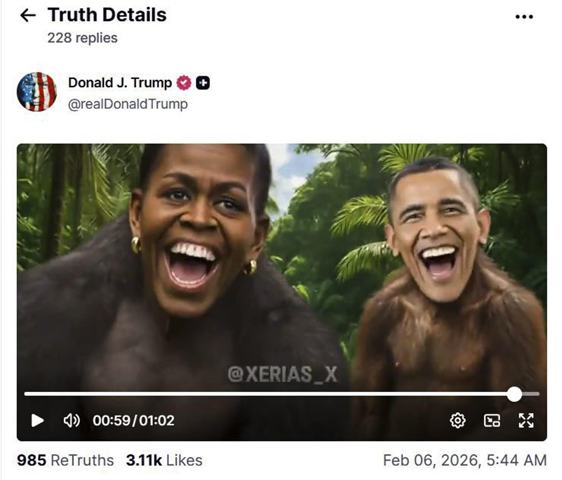 Trump difunde video conspirativo que muestra a los Obama como si fueran monos