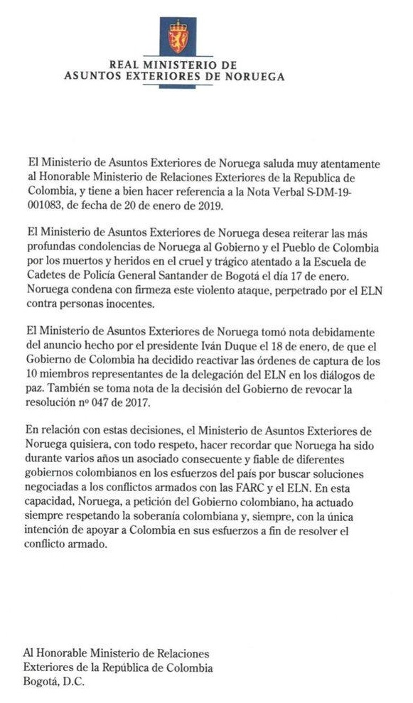 De igual forma, afirmó que tomó atenta nota a los anuncios hechos por el mandatario, Iván Duque, de levantar la Mesa de Diálogo y reactivar las órdenes de captura de los 10 miembros representantes de la delegación del ELN que actualmente se encuentran en Cuba.