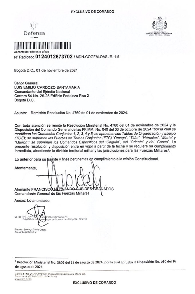 La resolución con la que el MinDefensa elimina varias Fuerzas de Tareas Conjuntas.