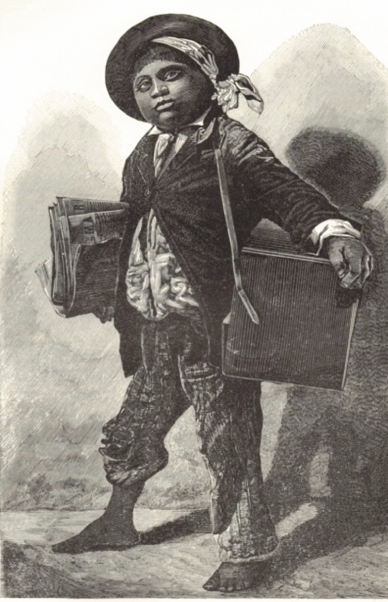 Bola Botín, la primera fotografía de Julio Racines, de un niño lustrabotas descalzo. Apareció en 1884. 