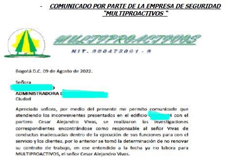 Esta es la carta con la que Multiproactivos informó el despido de Cesar Vivas. En ella, la cooperativa se presenta como "empresa de seguridad".