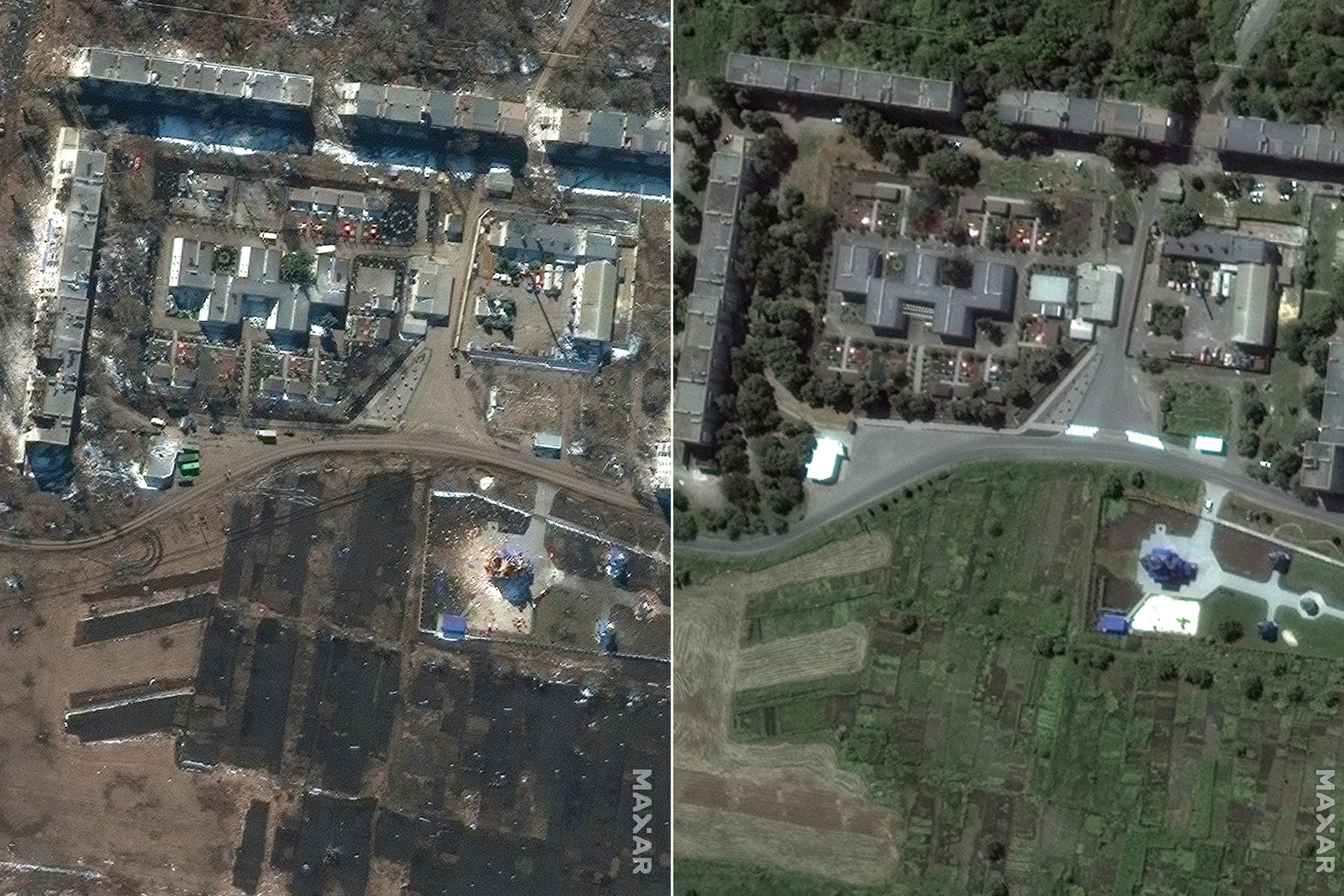 Esta combinación de imágenes satelitales de Maxar creadas el 16 de marzo de 2022 muestra una iglesia y edificios de apartamentos residenciales en Sumy, Ucrania