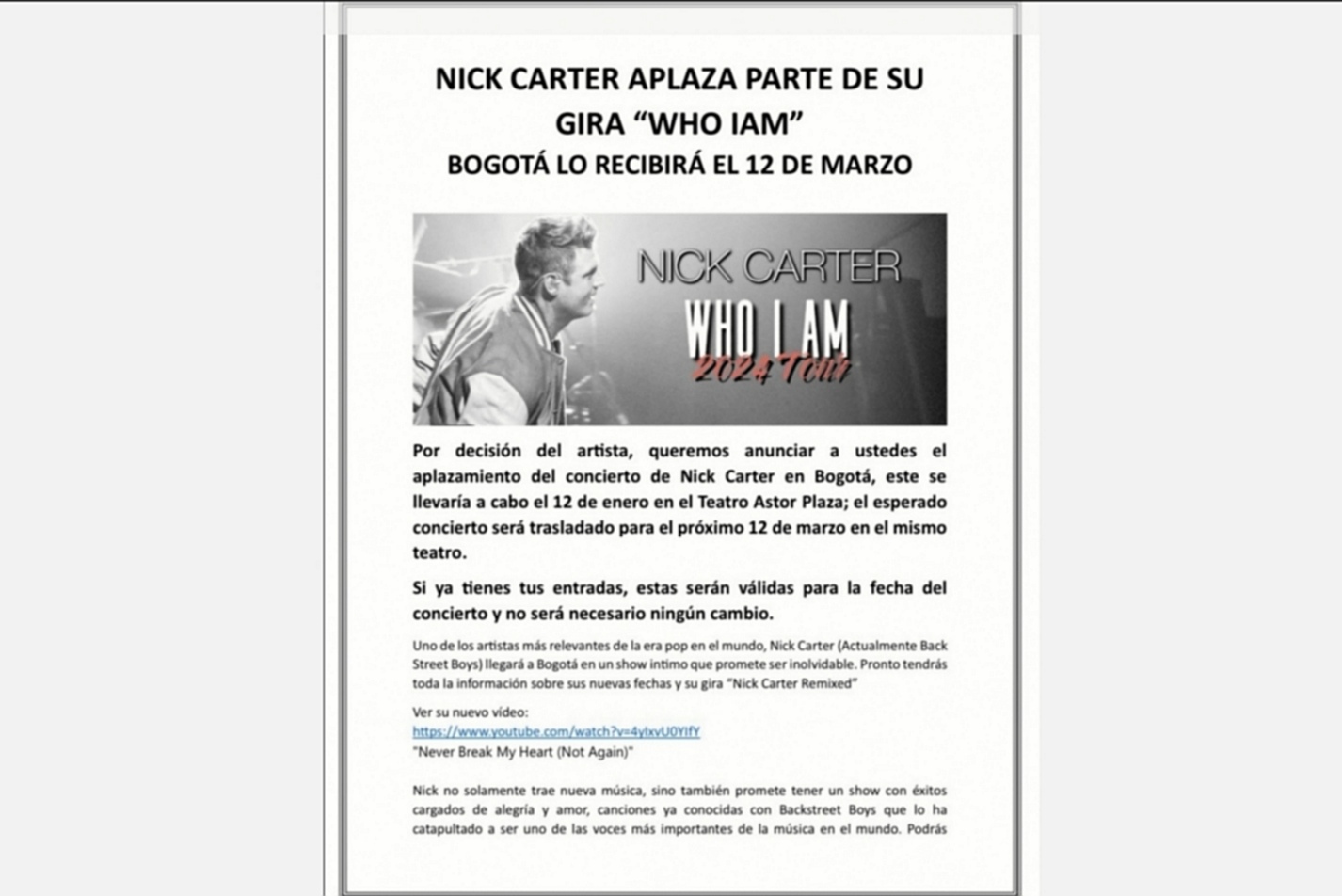 Nick Carter aplaza concierto en Bogotá