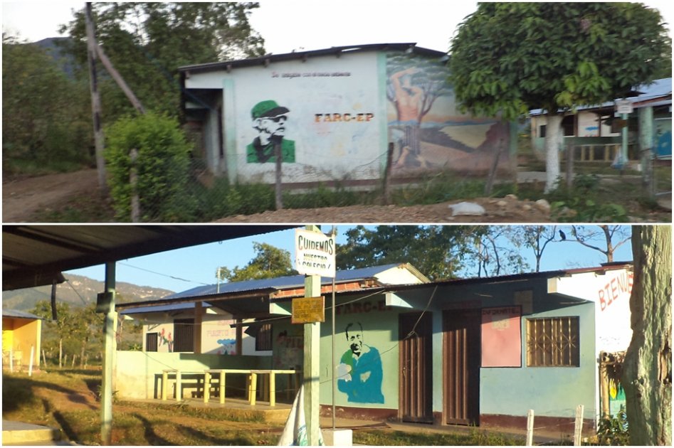 Subversivos de la columna Teofilo Forero de las Farc elaboraron dos murales con las imágenes de los extintos jefes guerrilleros alias 'Jacobo Arenas' y 'Manuel Marulanda'.