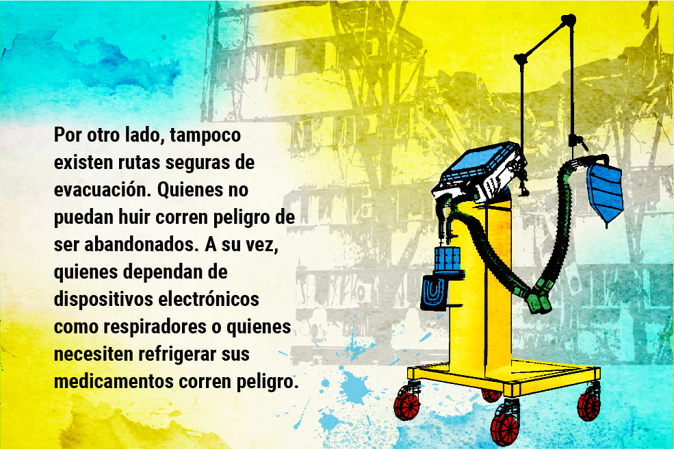 Por otro lado, tampoco existen rutas seguras de evacuación. Quienes no puedan huir corren peligro de ser abandonados. A su vez, quienes dependan de dispositivos electrónicos como respiradores o quienes necesiten refrigerar sus medicamentos corren peligro.