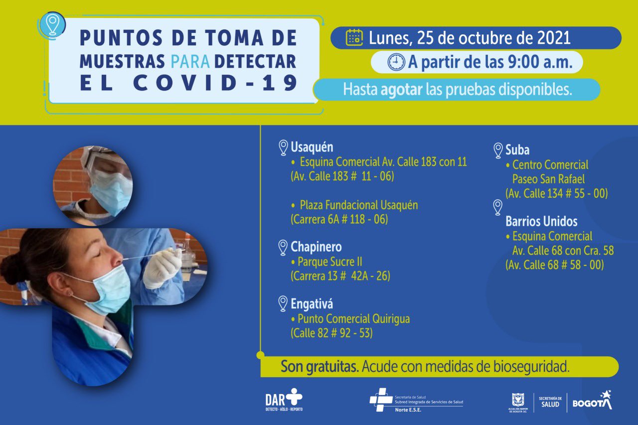 ¿Dónde hay pruebas gratuitas contra Covid-19 este lunes en Bogotá?