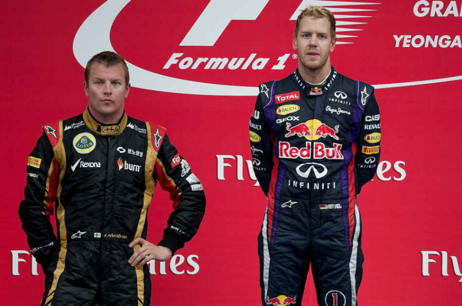 Vettel en lo más alto del podio, acompañado de Raikkonen que fue segundo.