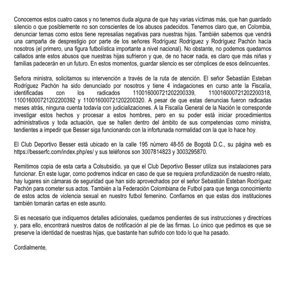 En el documento, los padres le piden a María Isabel Urrutia, ministra del Deporte, una rápida intervención.