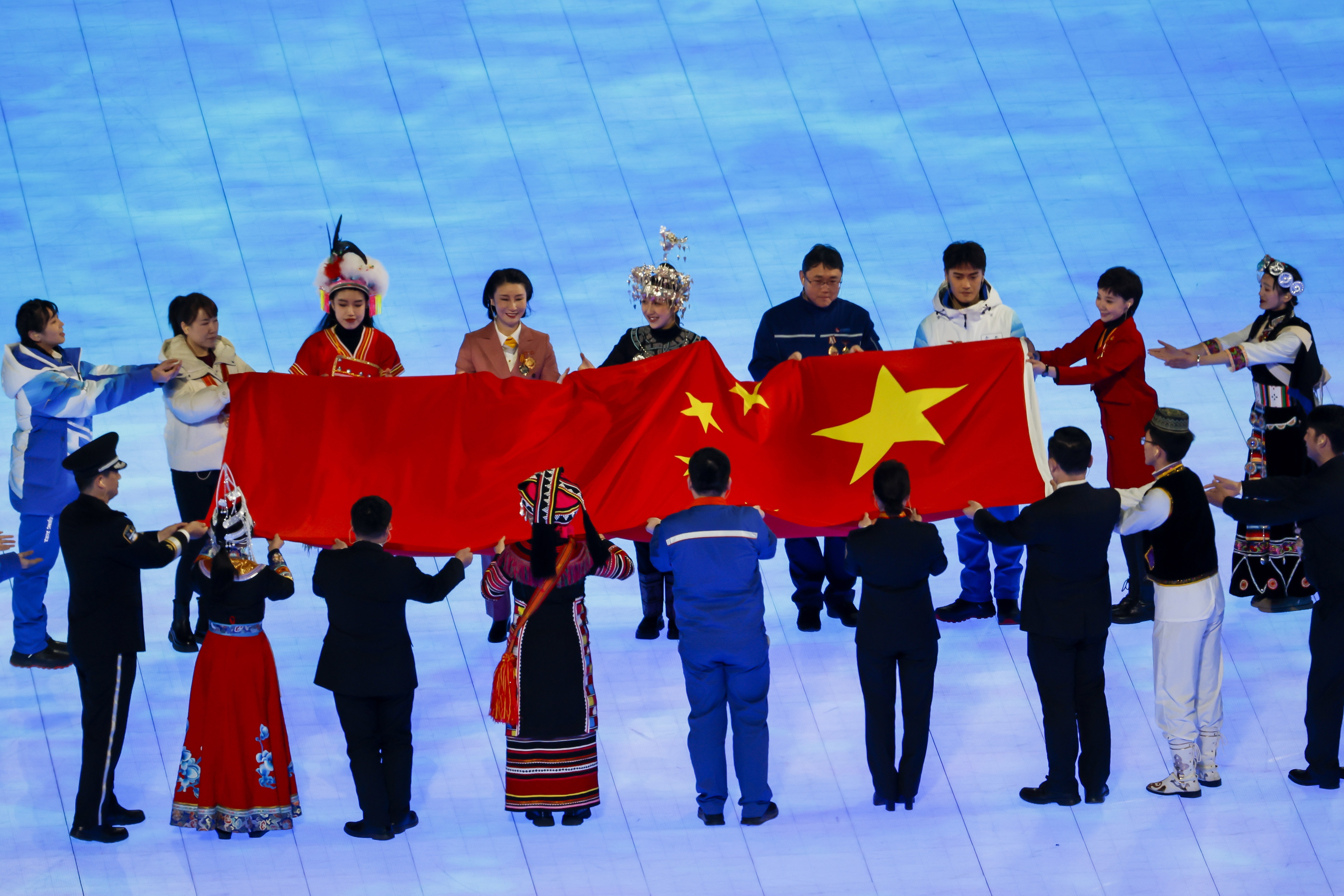 Beijing (China), 04/02/2022.- The flag of China is pictured during the Opening Ceremony of the Beijing 2022 Olympic Games at the National Stadium, also known as Bird's Nest, in Beijing China, 04 February 2022. EFE/EPA/SALVATORE DI NOLFI
